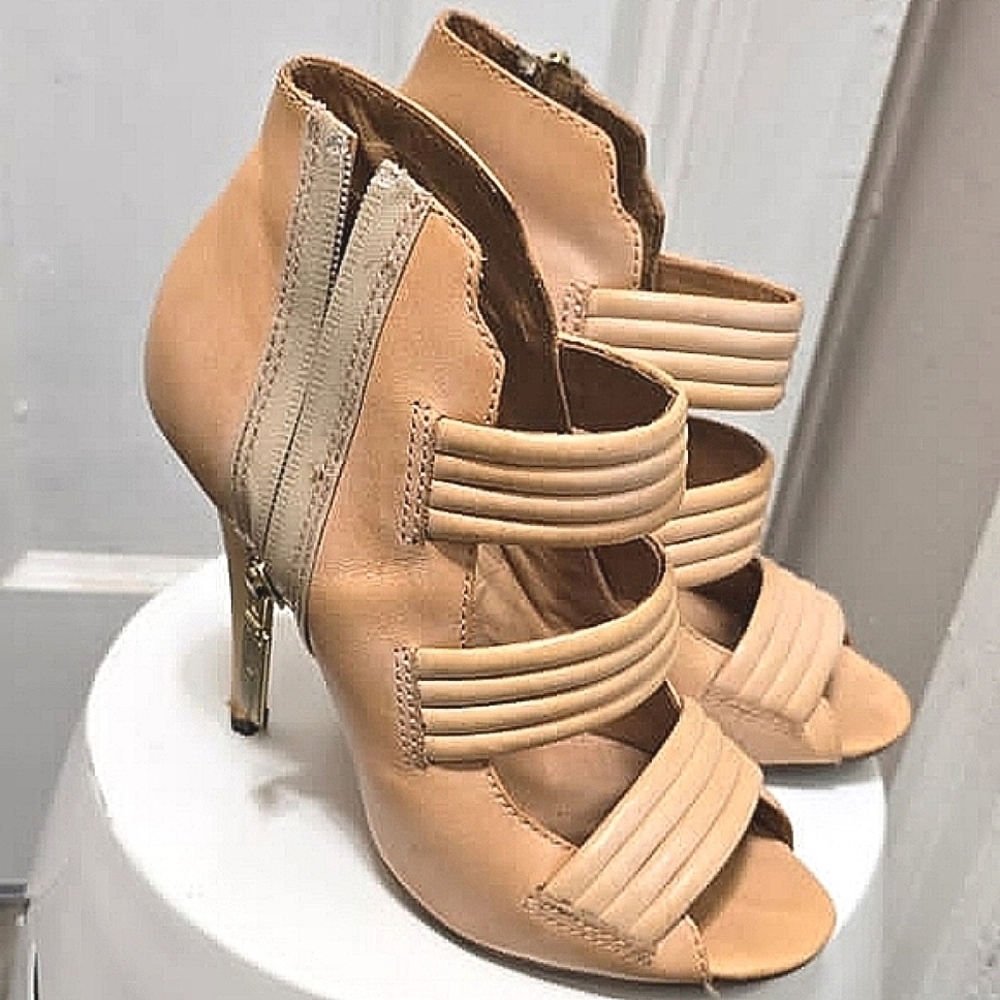 L.A.M.B Open Toe Tan Heels Leather Stilletos Sandals Women's Shoe Size 8M
